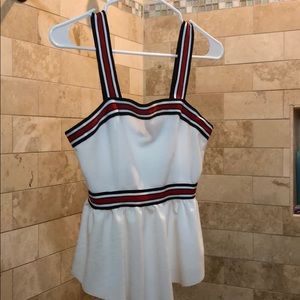 White tank top with red and blue accents